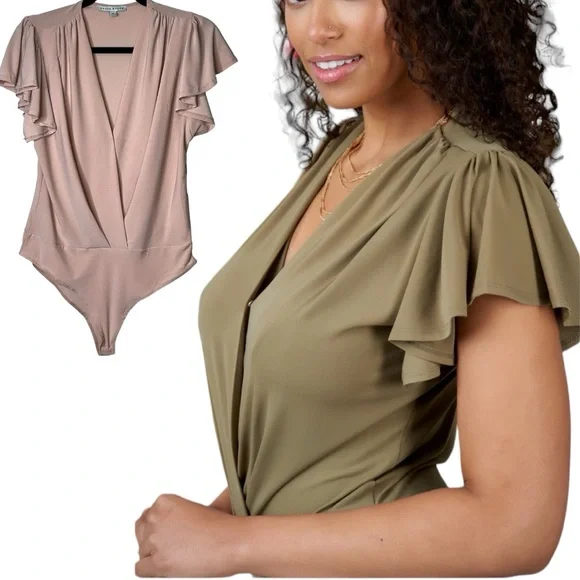 Haute Monde Ruffle Flutter Sleeve Mock Wrap Bodysuit Top Blush Pink Medium Sexy - Picture 12 of 16